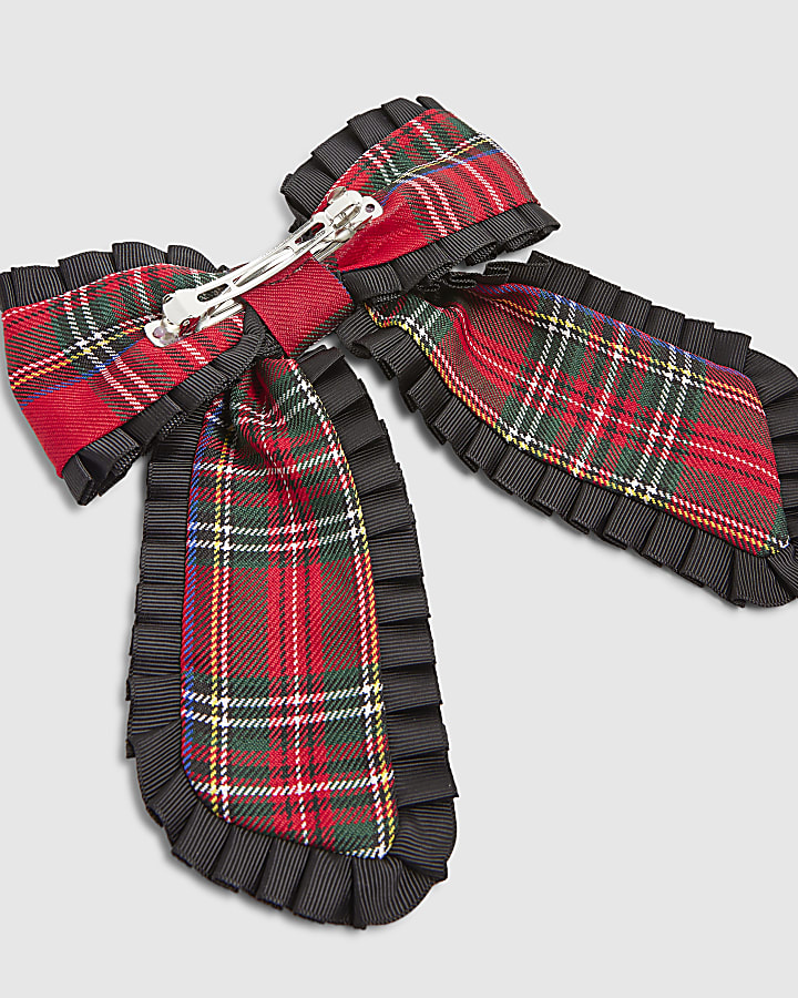 Red Christmas Check Print Bow Hair Clip