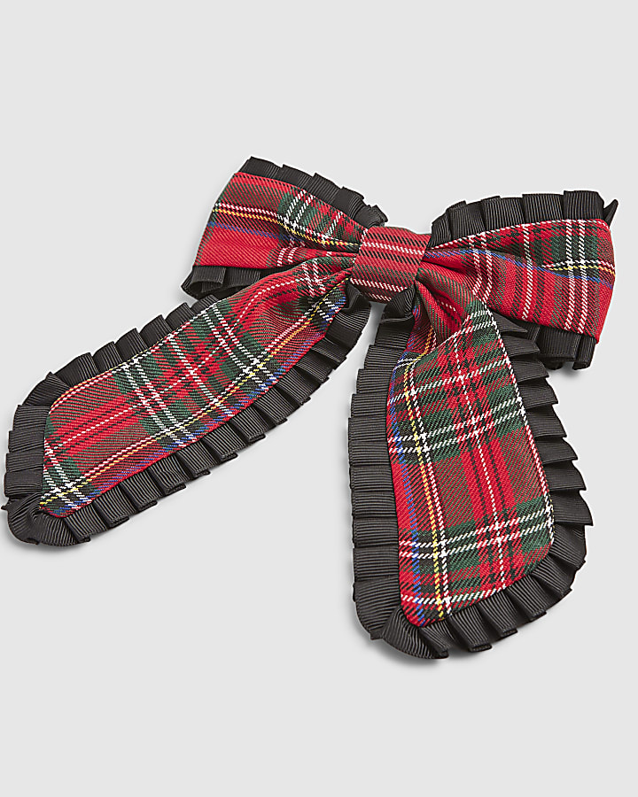 Red Christmas Check Print Bow Hair Clip