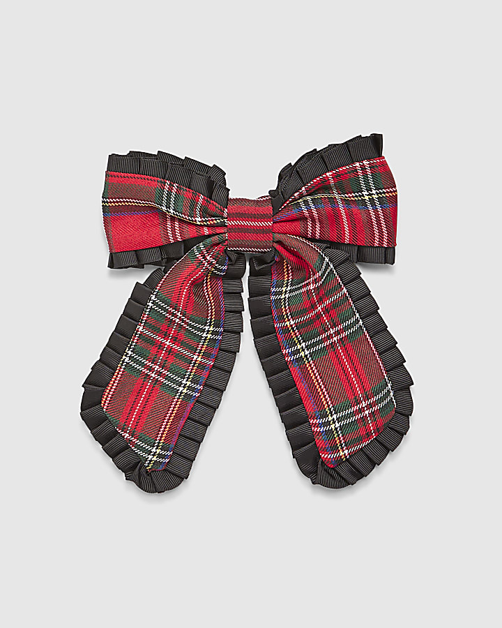 Red Christmas Check Print Bow Hair Clip