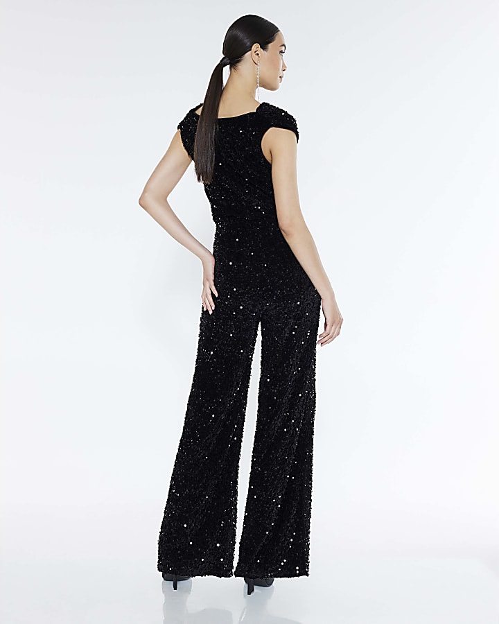 Black Sequin Cowl Neck Jumpsuit