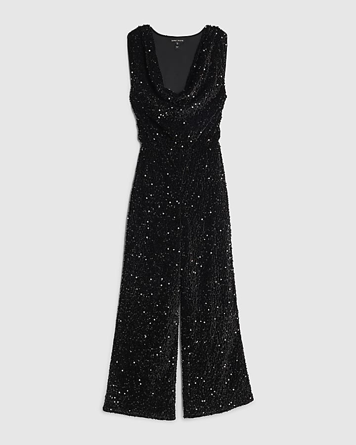 Black Sequin Cowl Neck Jumpsuit