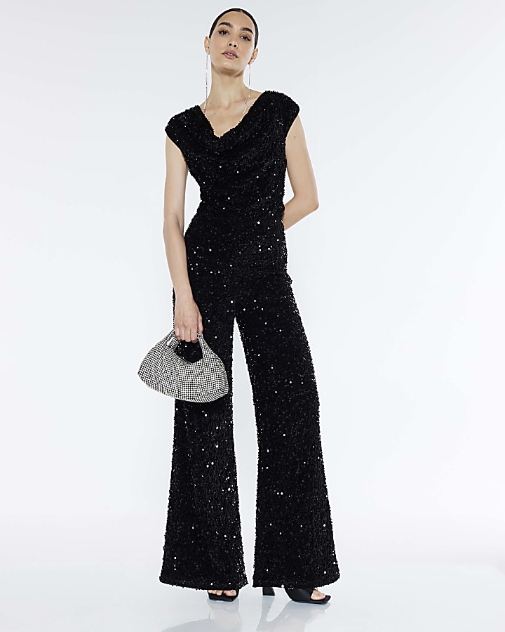 Black Sequin Cowl Neck Jumpsuit