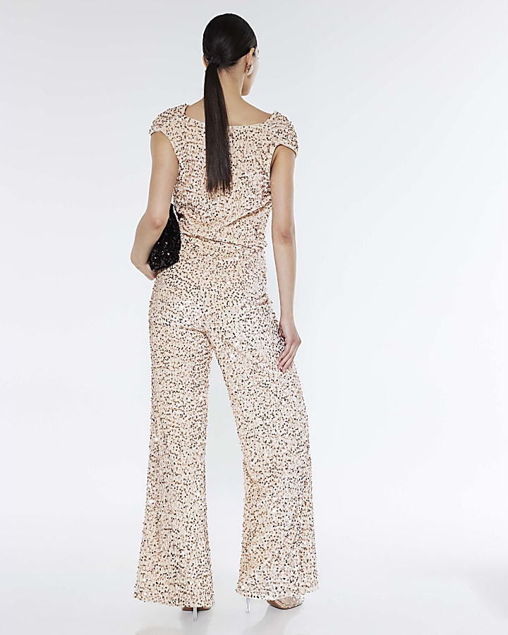 Gold Sleeveless Sequin Cowl Neck Jumpsuit