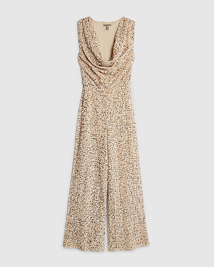 Gold Sleeveless Sequin Cowl Neck Jumpsuit
