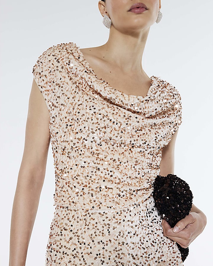 Gold Sleeveless Sequin Cowl Neck Jumpsuit
