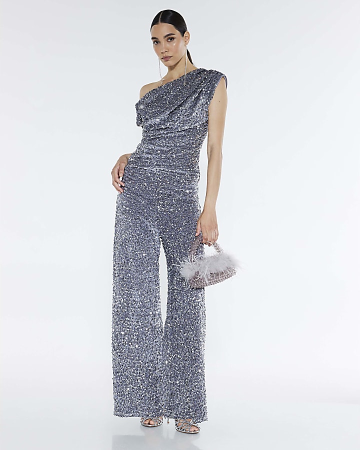 Silver Velvet Sleeveless Sequin Drape Top