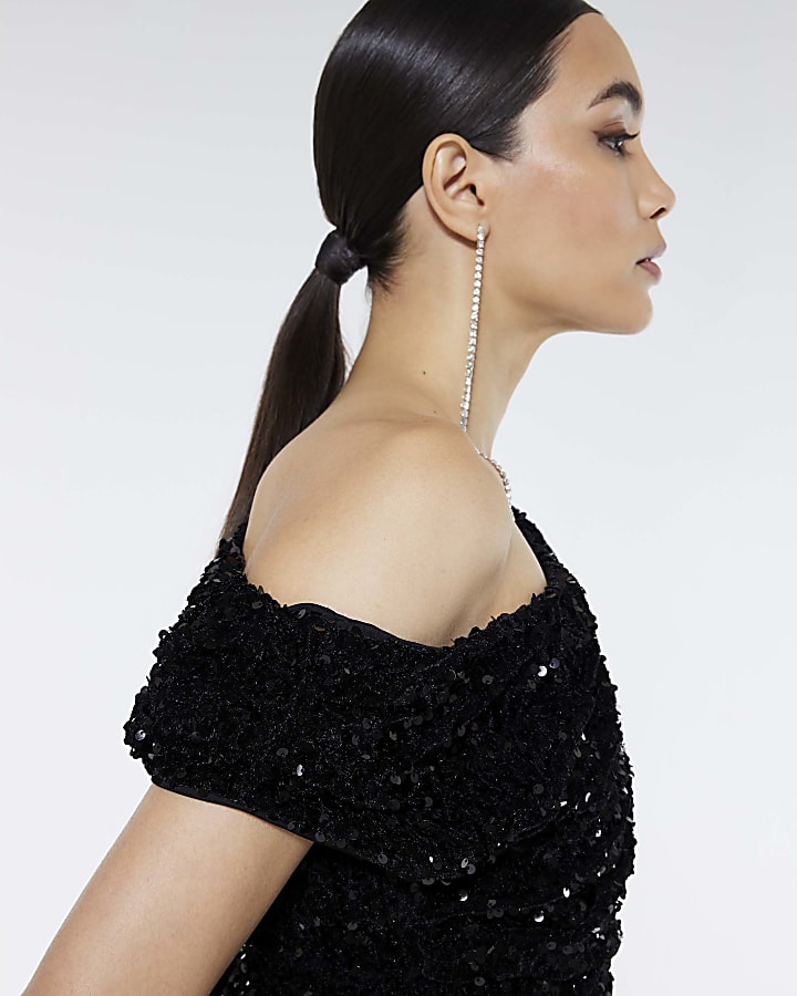 Black Velvet Sleeveless Sequin Drape Top