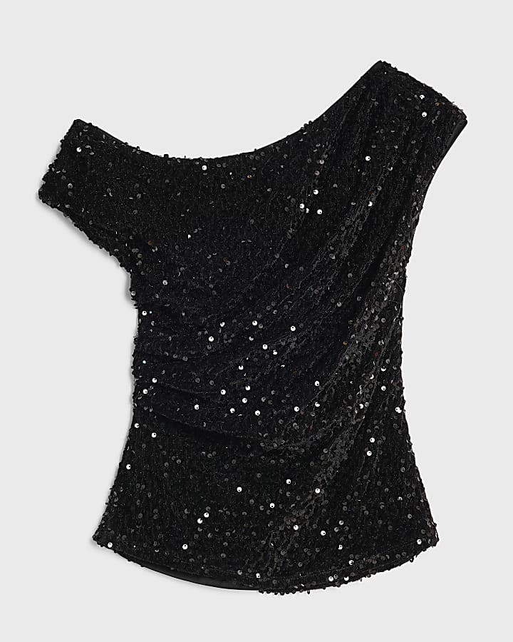 Black Velvet Sleeveless Sequin Drape Top