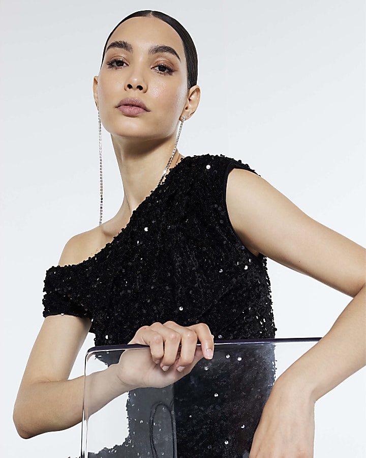 Black Velvet Sleeveless Sequin Drape Top