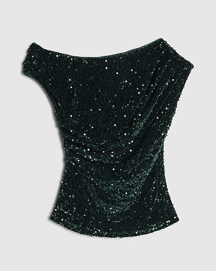 Green Velvet Sleeveless Sequin Drape Top