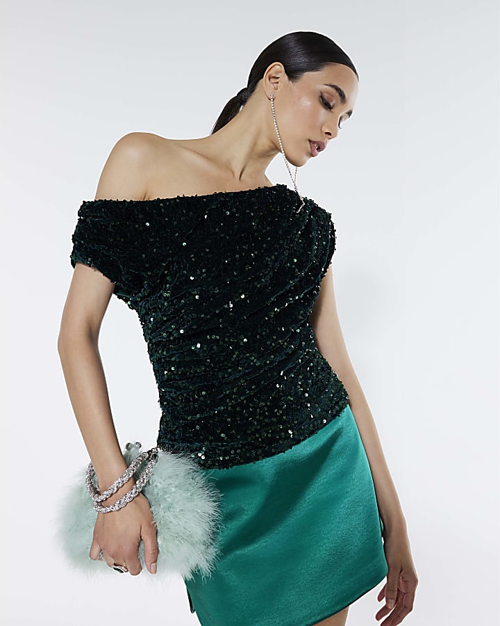 Green Velvet Sleeveless Sequin Drape Top