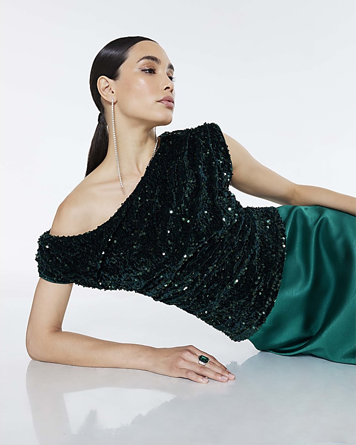 Green Velvet Sleeveless Sequin Drape Top