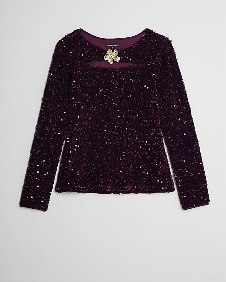 Purple Velvet Long Sleeve Cut Out Top