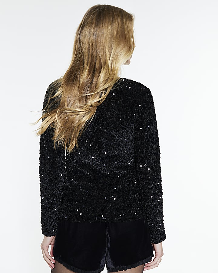 Black Velvet Long Sleeve Cut Out Top
