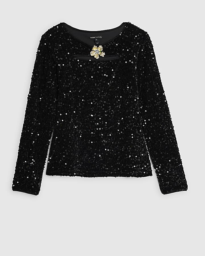Black Velvet Long Sleeve Cut Out Top