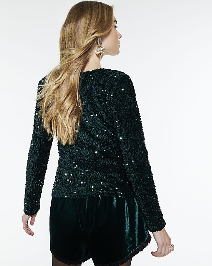 Green Velvet Long Sleeve Cut Out Top