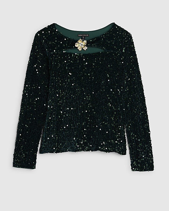 Green Velvet Long Sleeve Cut Out Top