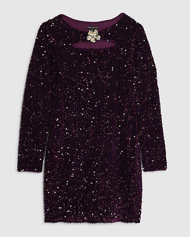 Purple Velvet Long Sleeve Cut Out Mini Dress