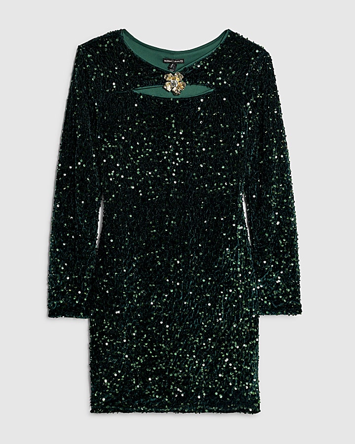 Green Velvet Long Sleeve Cut Out Mini Dress
