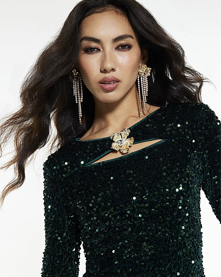 Green Velvet Long Sleeve Cut Out Mini Dress