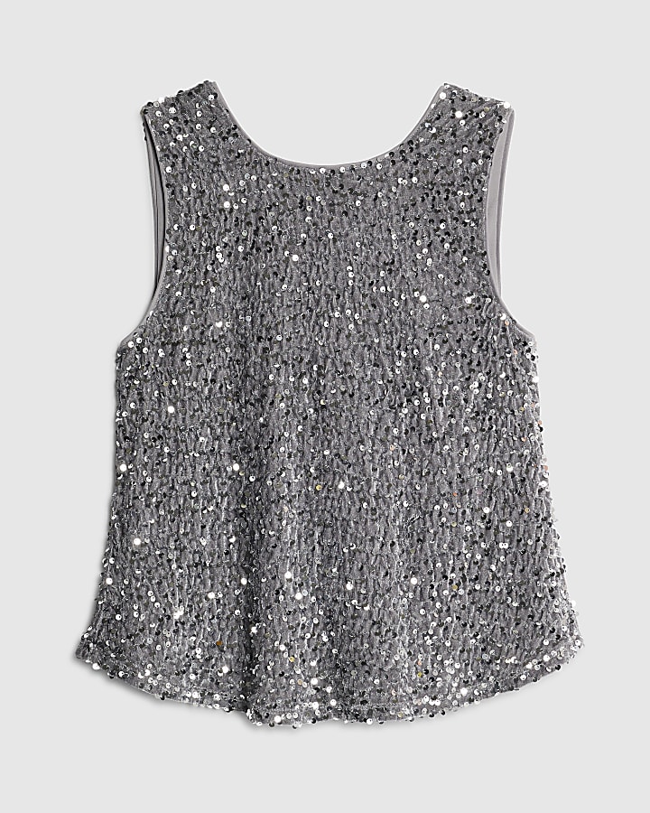 Silver Velvet Sequin Sleeveless Bow Back Top