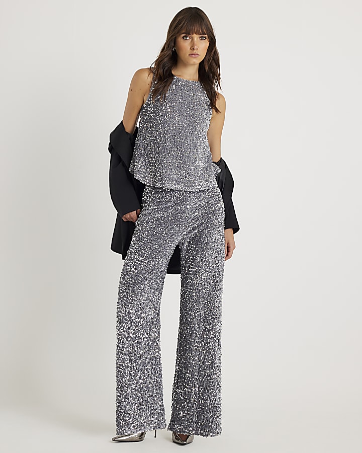 Silver Velvet Sequin Sleeveless Bow Back Top