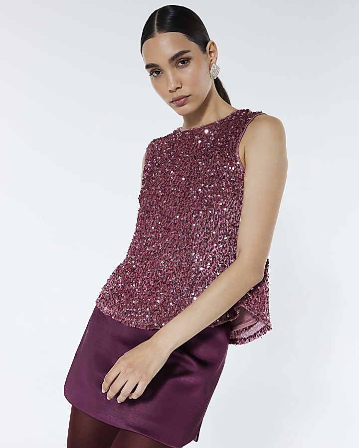 Pink Velvet Sequin Sleeveless Bow Back Top