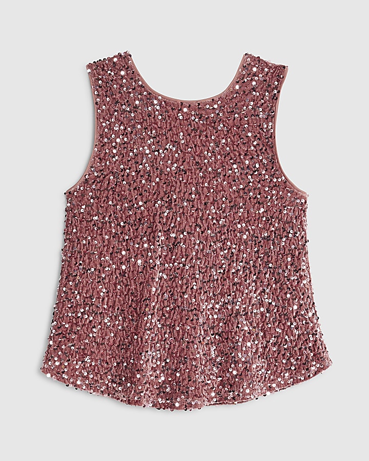Pink Velvet Sequin Sleeveless Bow Back Top