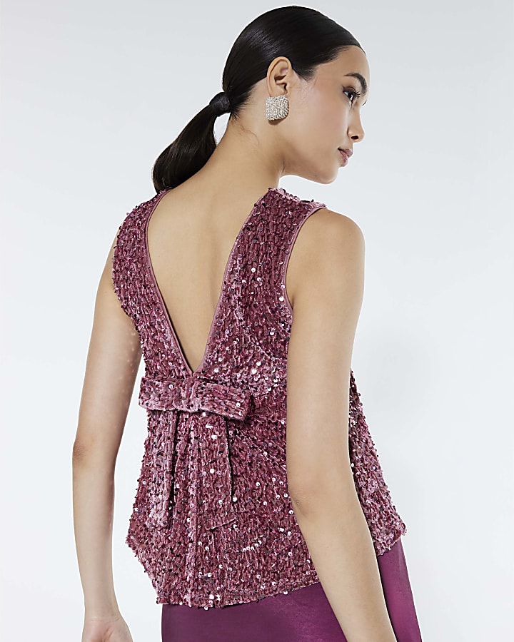Pink Velvet Sequin Sleeveless Bow Back Top