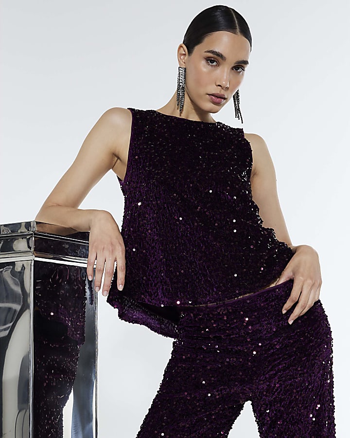 Red Velvet Sequin Sleeveless Bow Back Top