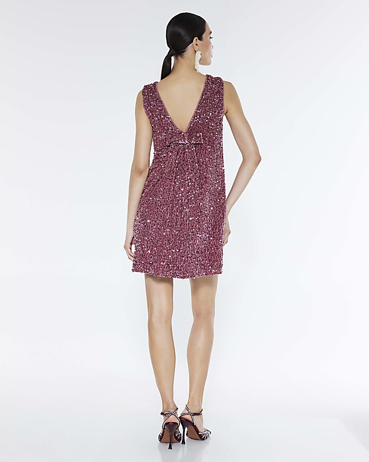 Pink Velvet Sequin Bow Back Mini Dress