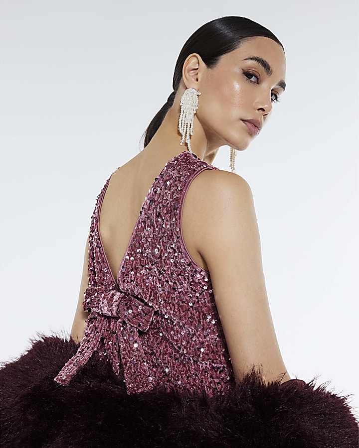 Pink Velvet Sequin Bow Back Mini Dress