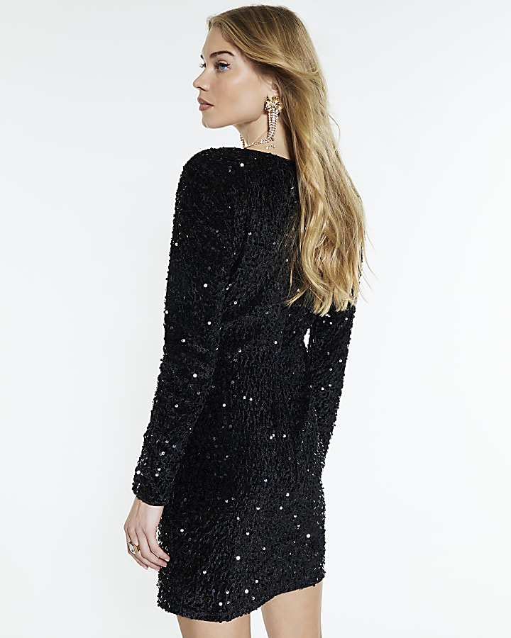 Black Velvet Long Sleeve Cut Out Mini Dress