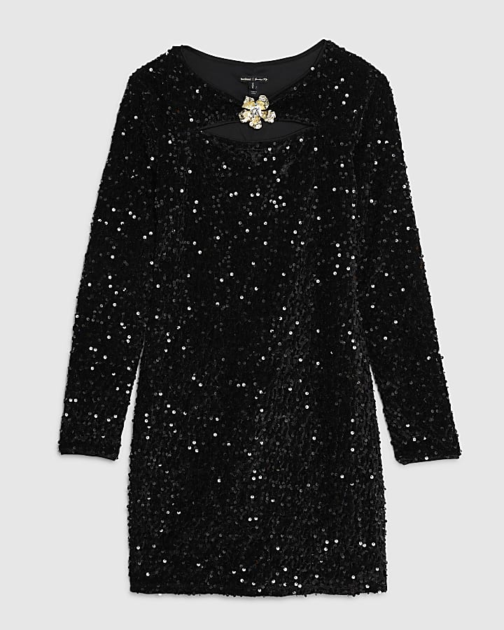Black Velvet Long Sleeve Cut Out Mini Dress