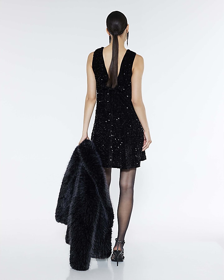 Black Velvet Sequin Bow Back Mini Dress