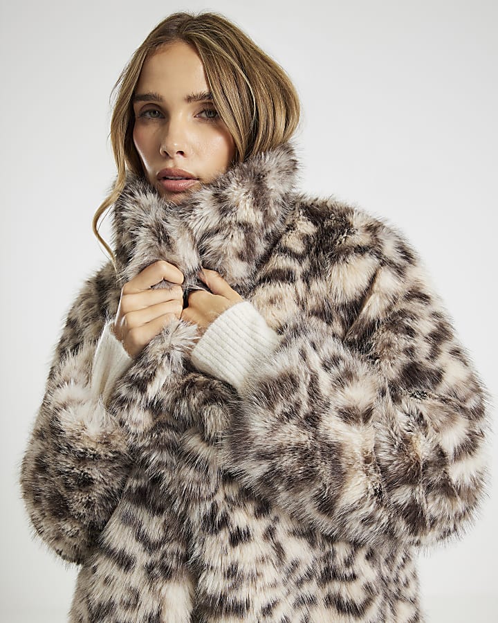 Brown Faux Fur Leopard Print Coat