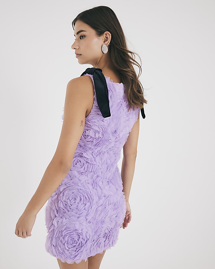 Purple Sleeveless 3D Rose Floral Mini Dress