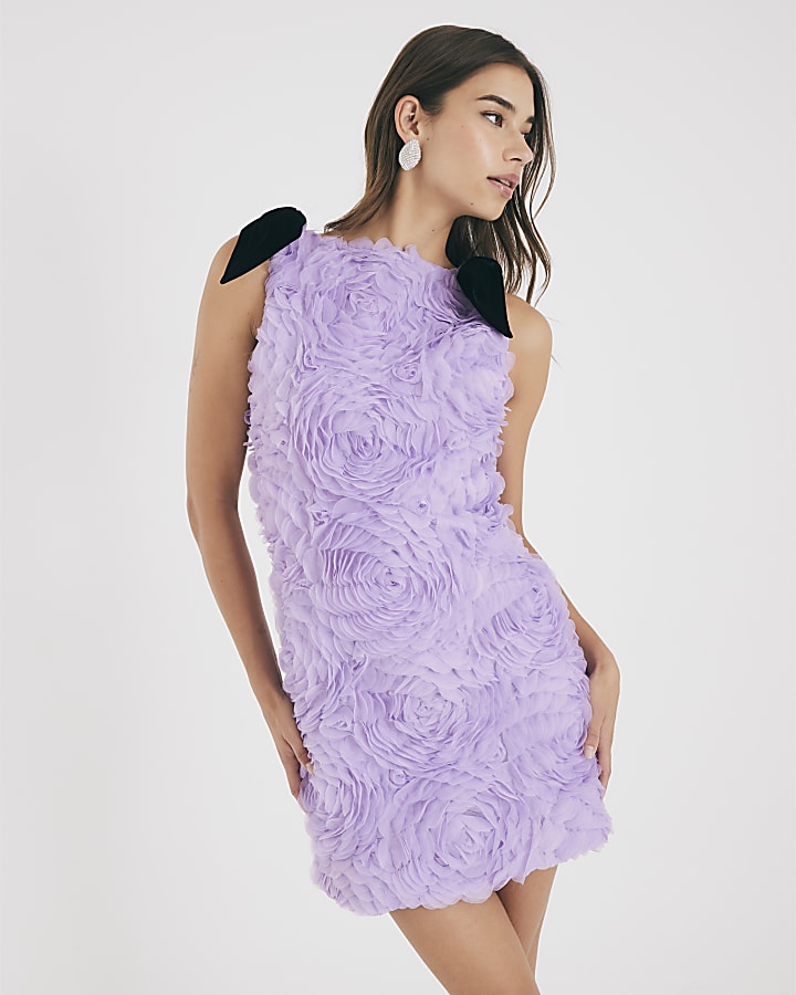 Purple Sleeveless 3D Rose Floral Mini Dress
