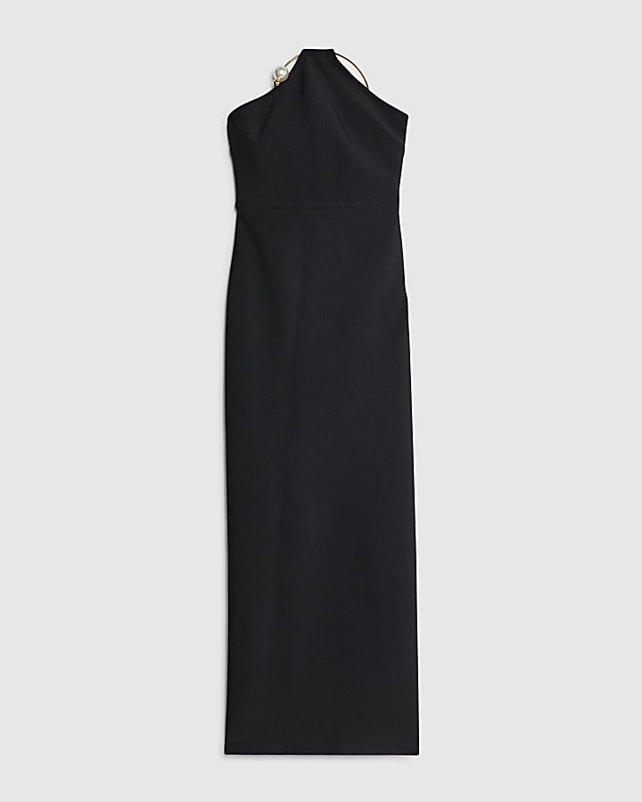 Black Pearl Trim Halter Neck Maxi Dress
