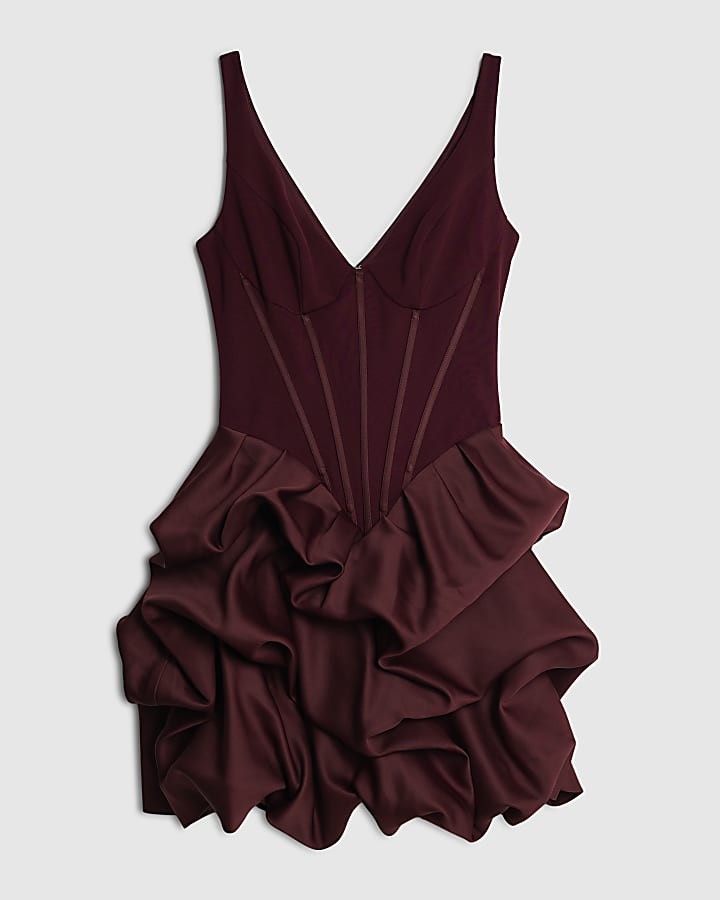 Red Sleeveless Corset Ruffle Hem Mini Dress