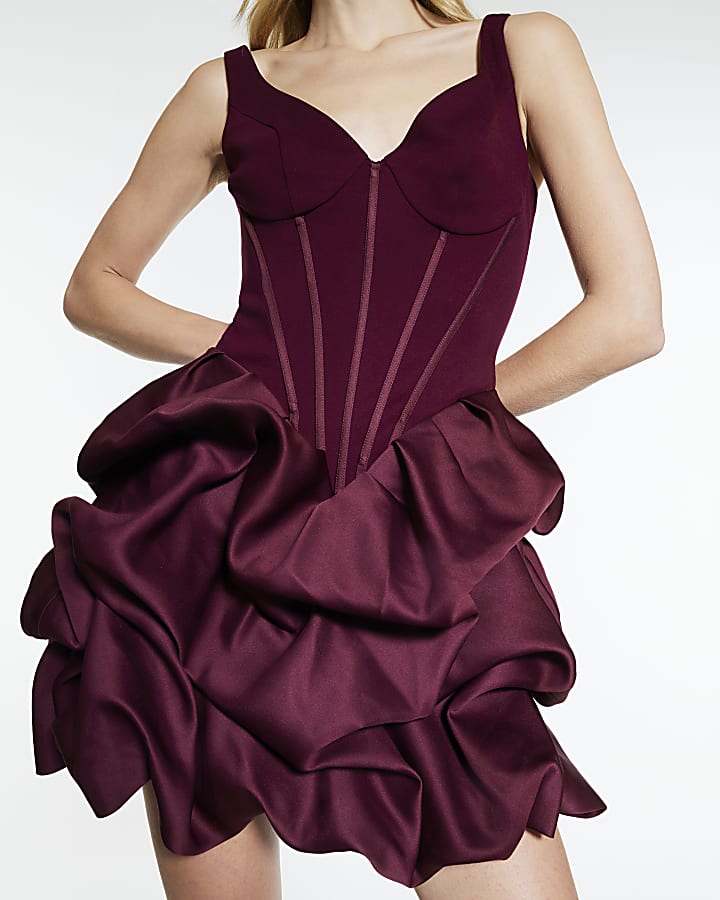 Red Sleeveless Corset Ruffle Hem Mini Dress