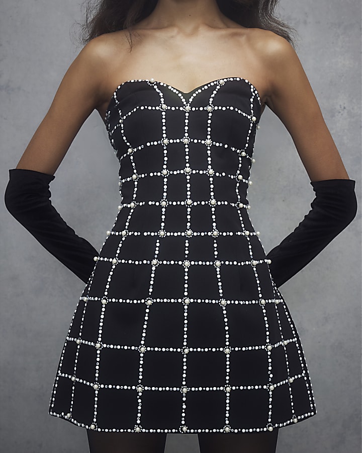 Black Pearl Embellished Mini Dress