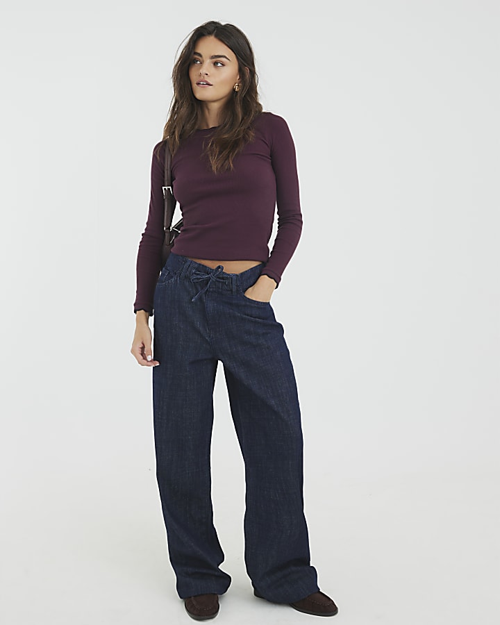 Red Long Sleeve Scallop Trim Top