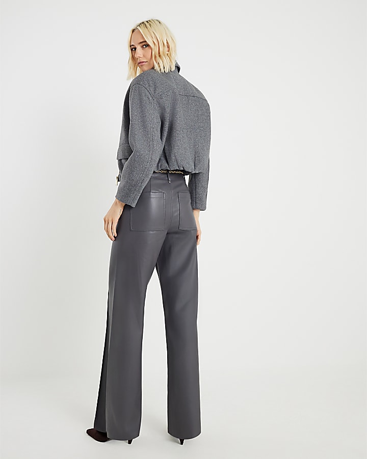 Grey Faux Leather Chain Belt Trousers