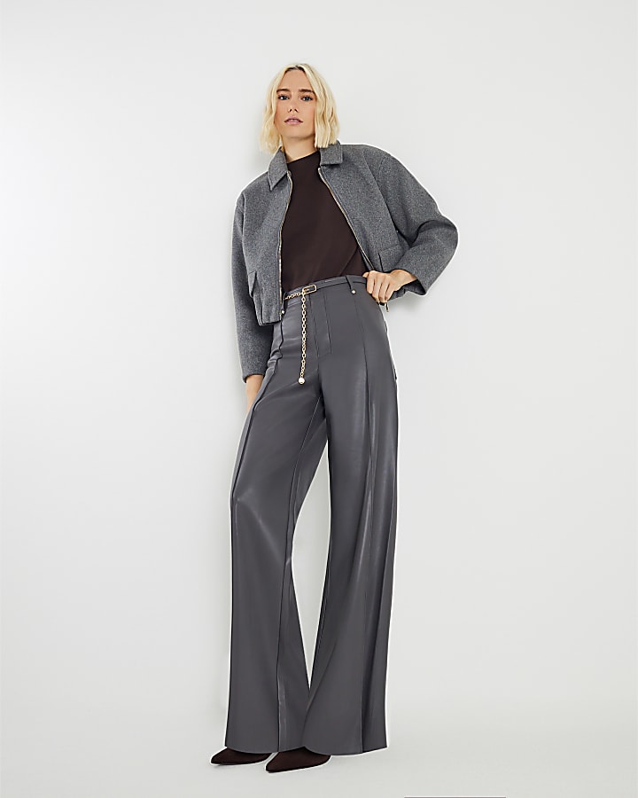 Grey Faux Leather Chain Belt Trousers