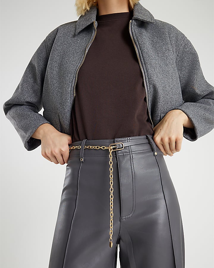 Grey Faux Leather Chain Belt Trousers