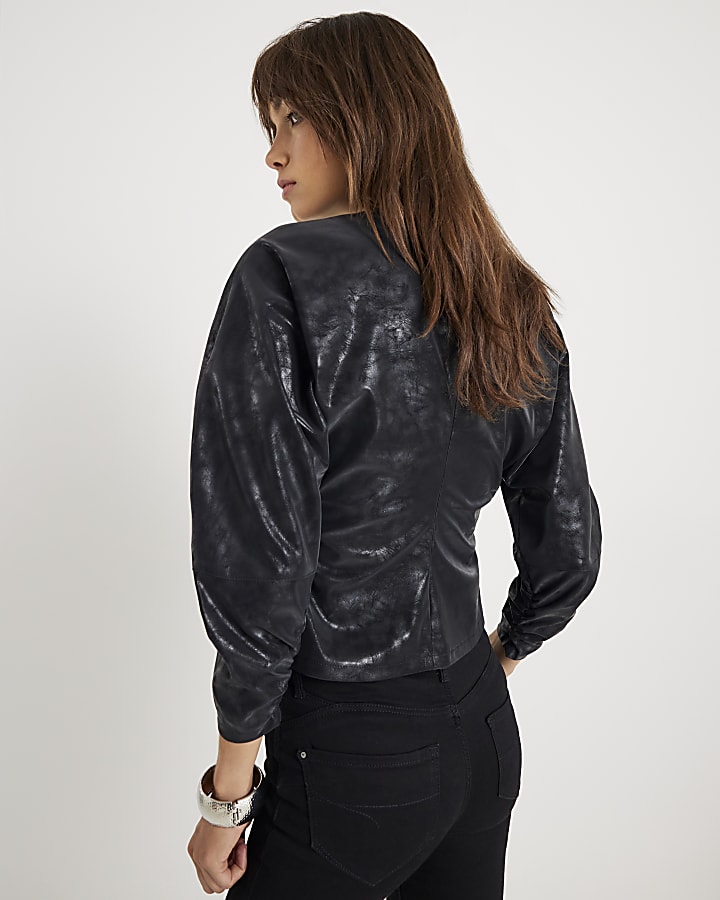 Black Faux Leather Batwing Top