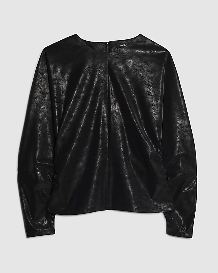 Black Faux Leather Batwing Top