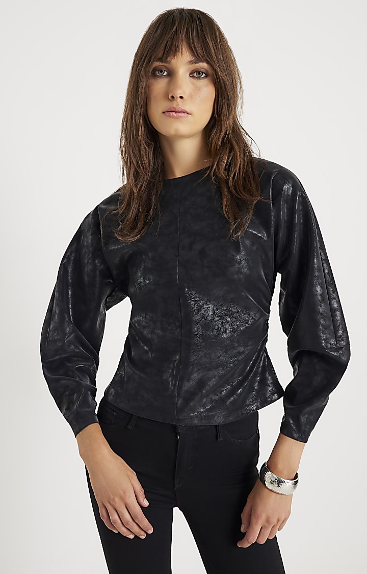 Black Faux Leather Batwing Top