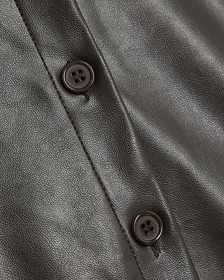 Brown Faux Leather Long Batwing Sleeve Shirt